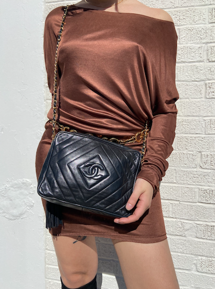 CHANEL 1991-1994 Black Leather Chevron Camera Bag — Garment Modern